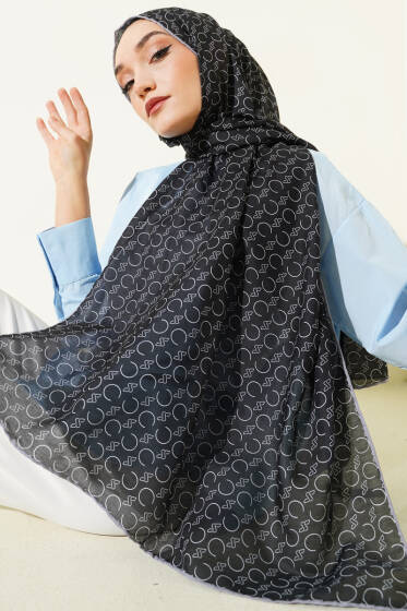 Desenli Ribanalı Demore Şal Siyah Gri - Başörtüsü