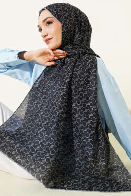 Desenli Ribanalı Demore Şal Siyah Gri - Başörtüsü