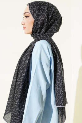 Desenli Ribanalı Demore Şal Siyah Gri - Başörtüsü