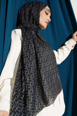 Desenli Ribanalı Demore Şal Siyah Haki - Başörtüsü
