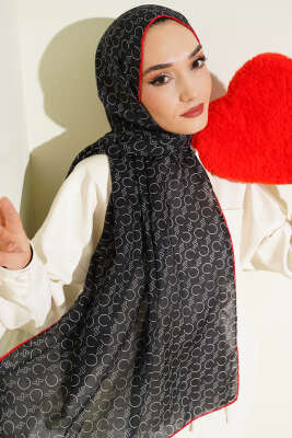 Desenli Ribanalı Demore Şal Siyah Kırmızı 