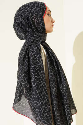 Desenli Ribanalı Demore Şal Siyah Kırmızı - Başörtüsü