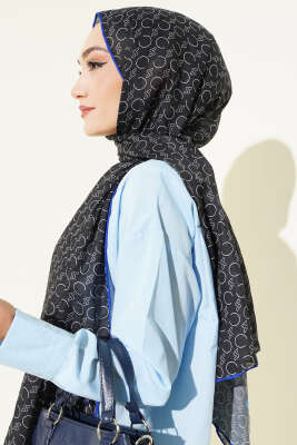 Desenli Ribanalı Demore Şal Siyah Lacivert - Başörtüsü
