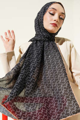 Desenli Ribanalı Demore Şal Siyah Latte 