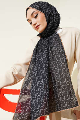 Desenli Ribanalı Demore Şal Siyah Latte - Günün Seçilenleri
