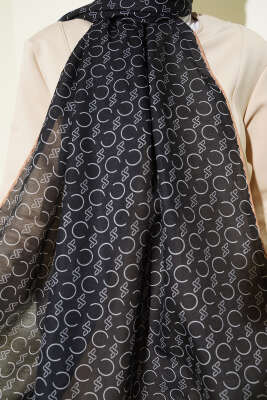 Desenli Ribanalı Demore Şal Siyah Latte - Günün Seçilenleri