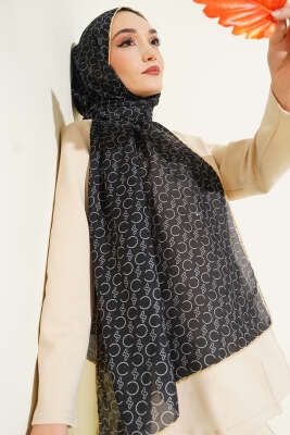 Desenli Ribanalı Demore Şal Siyah Sarı - Başörtüsü