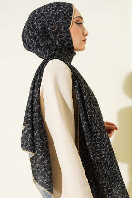 Desenli Ribanalı Demore Şal Siyah Sarı - Başörtüsü