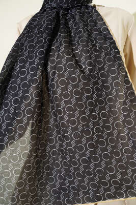 Desenli Ribanalı Demore Şal Siyah Sarı - Başörtüsü