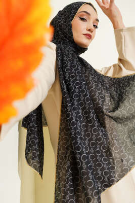 Desenli Ribanalı Demore Şal Siyah Sarı 