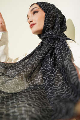 Desenli Ribanalı Demore Şal Siyah Taba 
