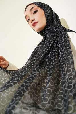 Desenli Ribanalı Demore Şal Siyah Taba - Başörtüsü