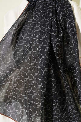 Desenli Ribanalı Demore Şal Siyah Taba - Başörtüsü