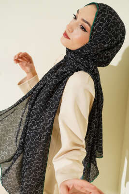 Desenli Ribanalı Demore Şal Siyah Zümrüt 