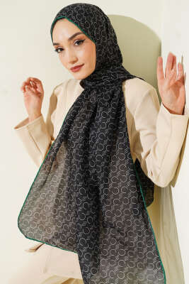Desenli Ribanalı Demore Şal Siyah Zümrüt - Başörtüsü
