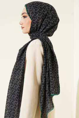 Desenli Ribanalı Demore Şal Siyah Zümrüt - Başörtüsü