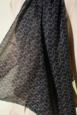 Desenli Ribanalı Demore Şal Siyah Zümrüt - Başörtüsü