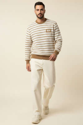 Desenli Ribanalı Örme Erkek Sweatshirt Camel - Erkek Sweatshirt