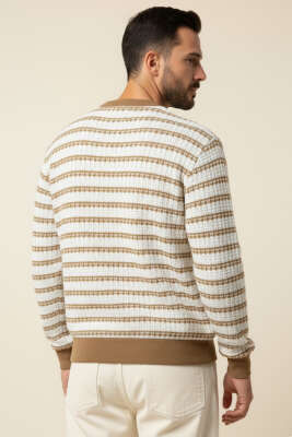 Desenli Ribanalı Örme Erkek Sweatshirt Camel - Erkek Sweatshirt