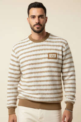 Desenli Ribanalı Örme Erkek Sweatshirt Camel 