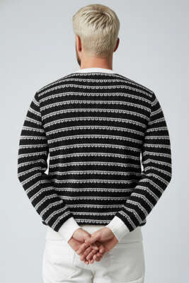 Desenli Ribanalı Örme Erkek Sweatshirt Ekru - Erkek Sweatshirt