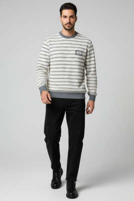 Desenli Ribanalı Örme Erkek Sweatshirt Gri - Erkek Sweatshirt