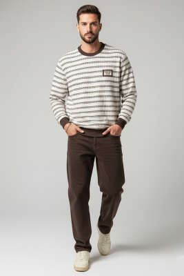 Desenli Ribanalı Örme Erkek Sweatshirt Kahve - Erkek Sweatshirt