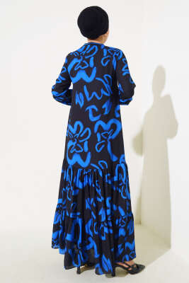 Desenli Ribanlı Elbise Siyah - Tesettür Elbise