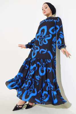 Desenli Ribanlı Elbise Siyah - SEYLAN