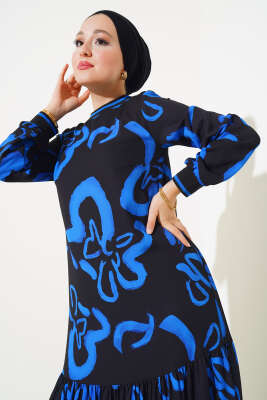 Desenli Ribanlı Elbise Siyah - Tesettür Elbise