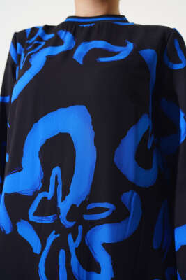 Desenli Ribanlı Elbise Siyah - Tesettür Elbise