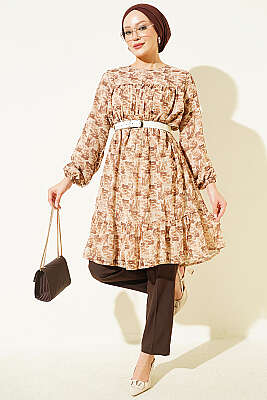 Desenli Roba Detaylı Tunik Camel - Fendel