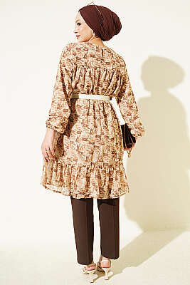 Desenli Roba Detaylı Tunik Camel - Fendel