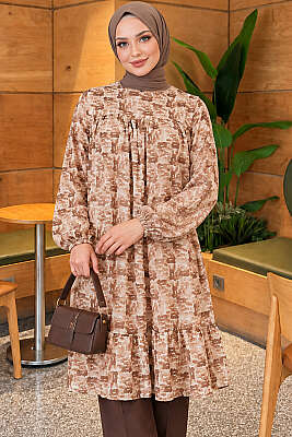 Desenli Roba Detaylı Tunik Camel - FENDEL