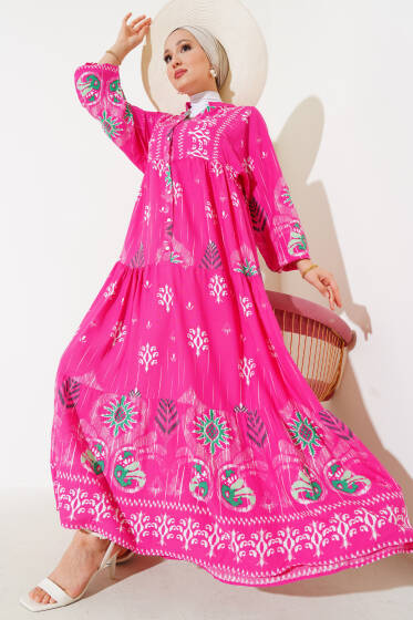 Desenli Salaş Kat Kat Elbise Beyaz Fuşya - Elbise