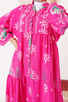 Desenli Salaş Kat Kat Elbise Beyaz Fuşya - Tesettür Elbise