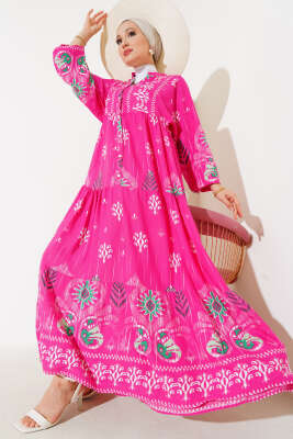 Desenli Salaş Kat Kat Elbise Beyaz Fuşya 