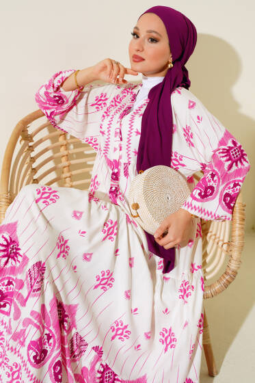 Desenli Salaş Kat Kat Elbise Fuşya - Elbise