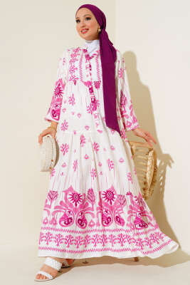 Desenli Salaş Kat Kat Elbise Fuşya - Tesettür Elbise