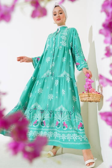 Desenli Salaş Kat Kat Elbise Mint - Elbise