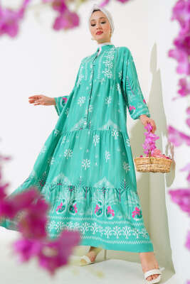 Desenli Salaş Kat Kat Elbise Mint 