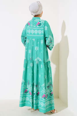 Desenli Salaş Kat Kat Elbise Mint - Tesettür Elbise