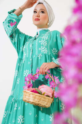 Desenli Salaş Kat Kat Elbise Mint - Tesettür Elbise