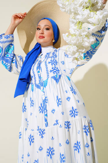 Desenli Salaş Kat Kat Elbise Saks - Elbise