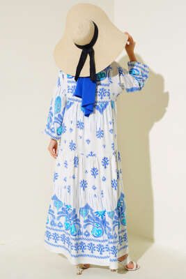 Desenli Salaş Kat Kat Elbise Saks - Tesettür Elbise