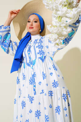 Desenli Salaş Kat Kat Elbise Saks 