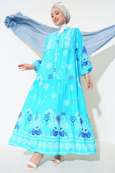 Desenli Salaş Kat Kat Elbise Turkuaz - Elbise