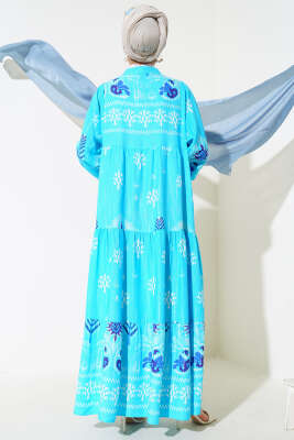 Desenli Salaş Kat Kat Elbise Turkuaz - Tesettür Elbise