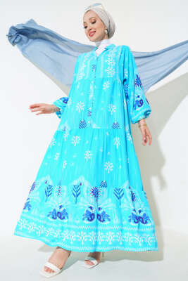 Desenli Salaş Kat Kat Elbise Turkuaz 