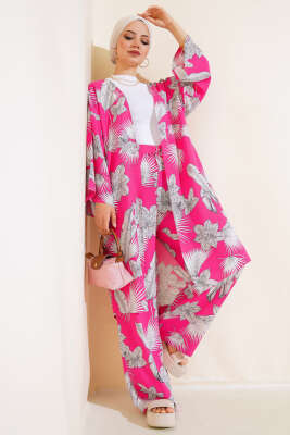 Desenli Salaş Kimono İkili Takım Fuşya 